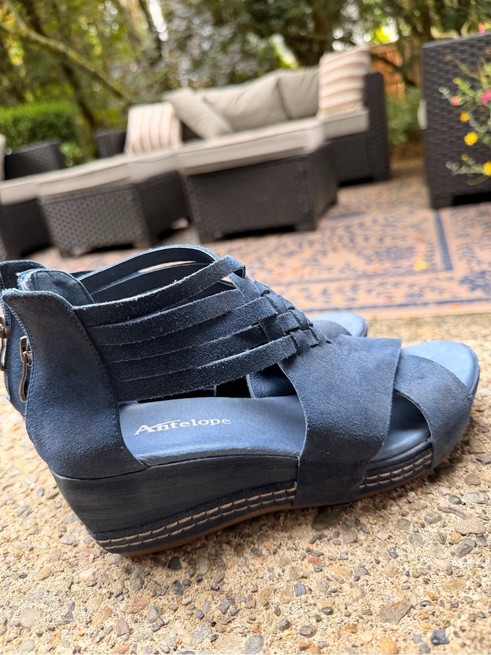 Antelope Navy Suede Strappy Wedge Sandals